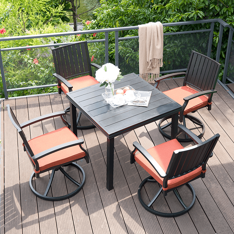 045 Aluminum Square Dining Table Set With Swivel Rocker Chairs