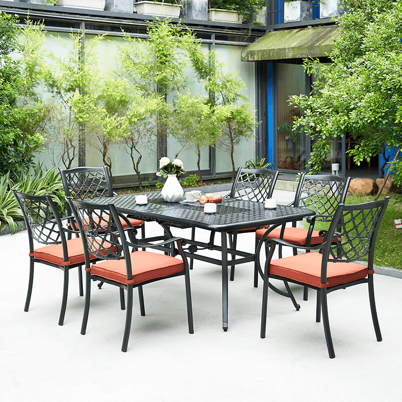 036 Cast Aluminum Retanular Dining Table Set With Dining Chairs